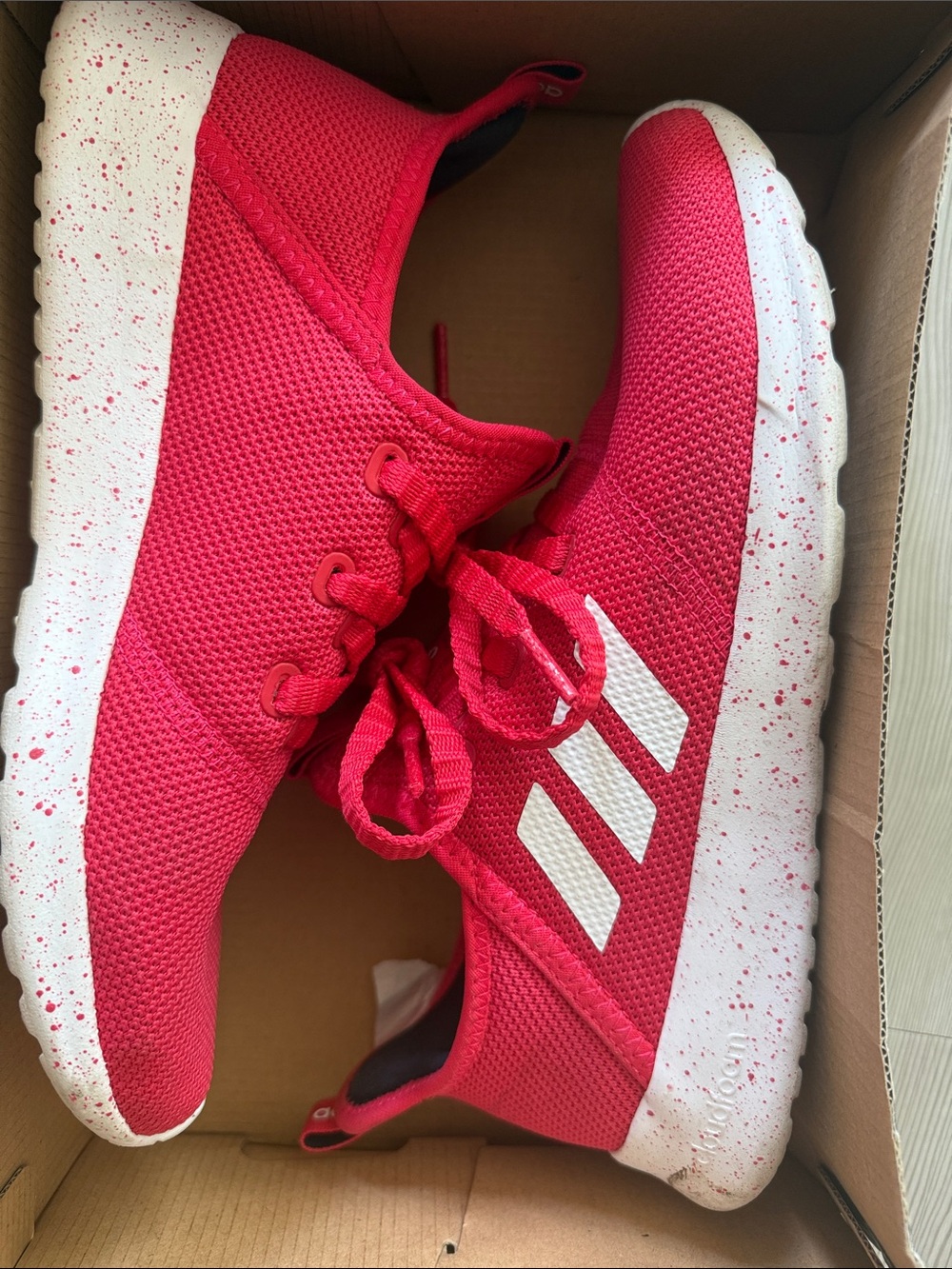 adidas Women’s Red Mesh Sneakers with White Three Stripes and Speckled Sole